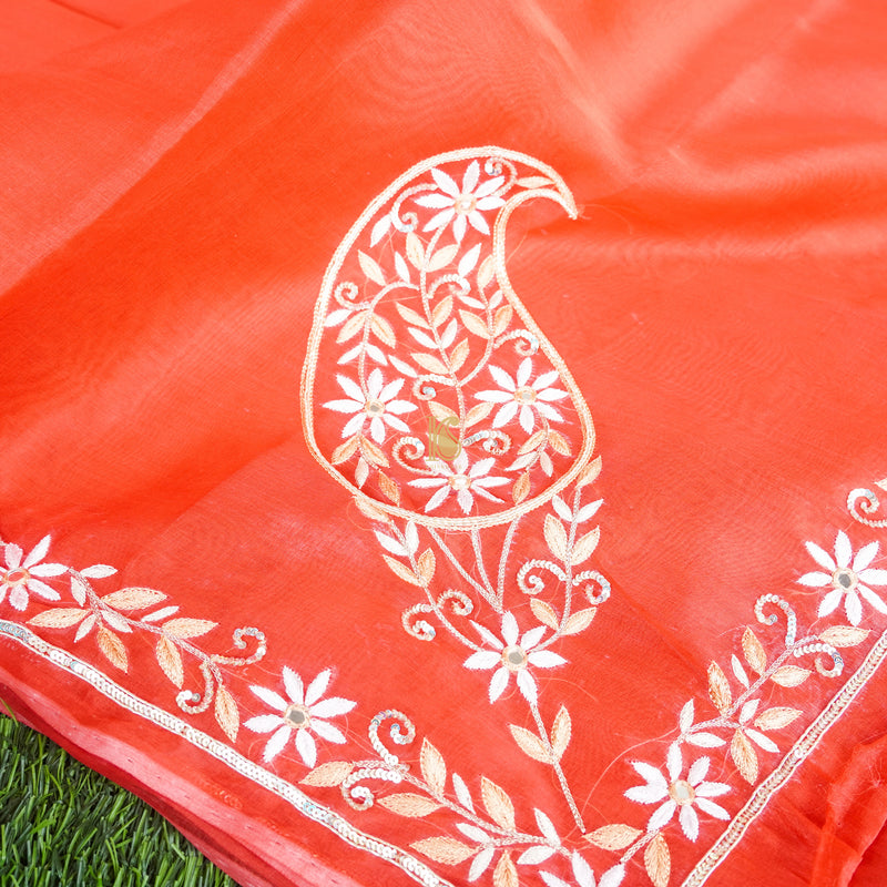 Handwoven Cinnabar Red Pure Organza Embroidery Saree - Khinkhwab