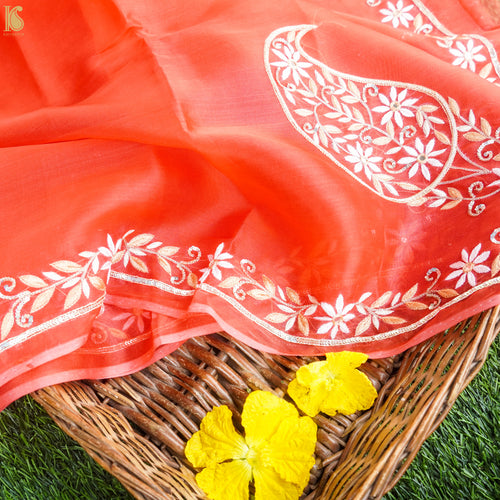 Handwoven Cinnabar Red Pure Organza Embroidery Saree - Khinkhwab