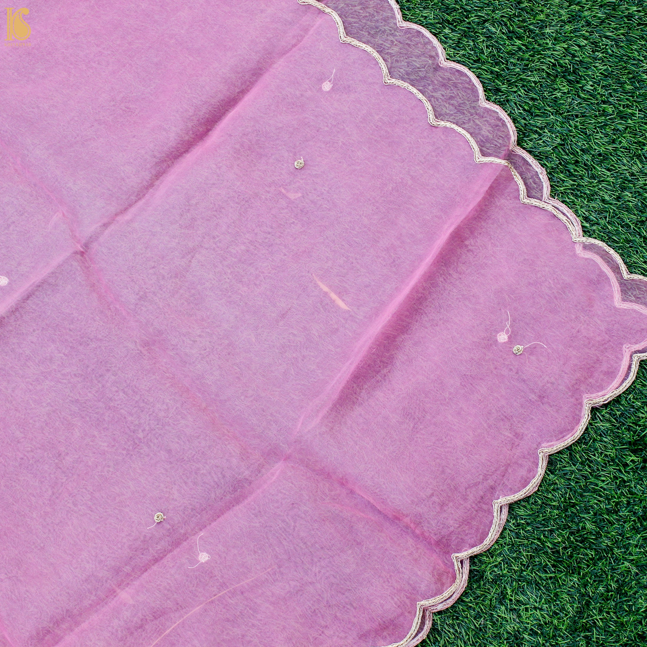 Tea Rose Pink Pure Organza Silk Dupatta with Embroidery - Khinkhwab