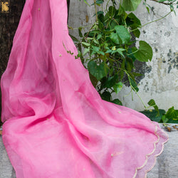 Tea Rose Pink Pure Organza Silk Dupatta with Embroidery - Khinkhwab