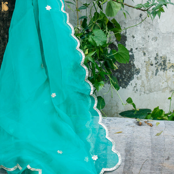 Persian Green Pure Organza Silk Dupatta with Embroidery - Khinkhwab