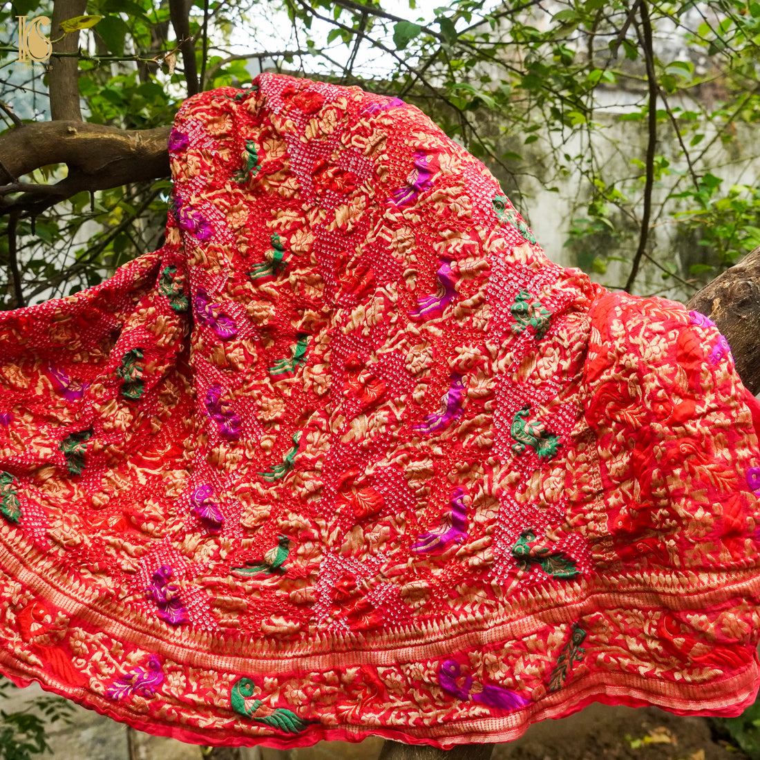 Red Georgette Bandhani Handloom Banarasi Shikargah Dupatta - Khinkhwab