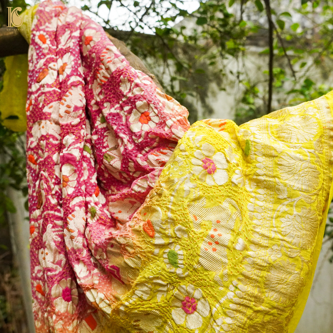 Bird Flower Yellow &amp; Pink Handloom Banarasi Bandhani Georgette Shikargah Dupatta - Khinkhwab