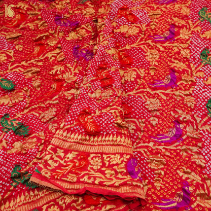 Red Georgette Bandhani Handloom Banarasi Shikargah Dupatta - Khinkhwab