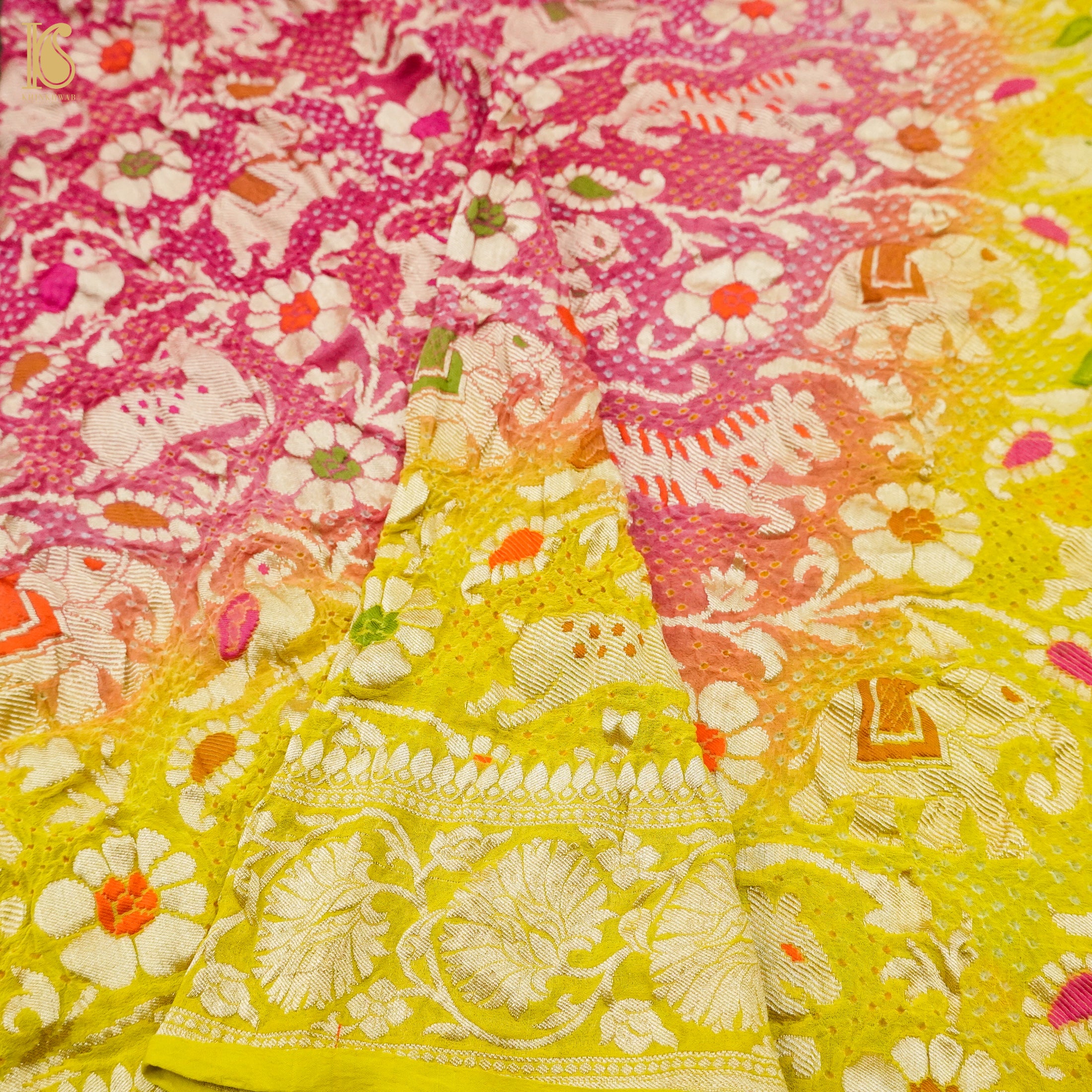Bird Flower Yellow &amp; Pink Handloom Banarasi Bandhani Georgette Shikargah Dupatta - Khinkhwab