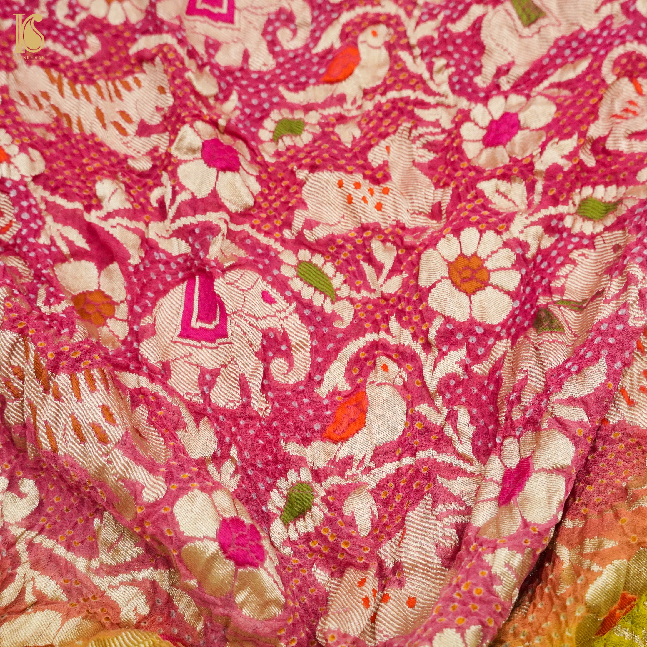 Bird Flower Yellow &amp; Pink Handloom Banarasi Bandhani Georgette Shikargah Dupatta - Khinkhwab