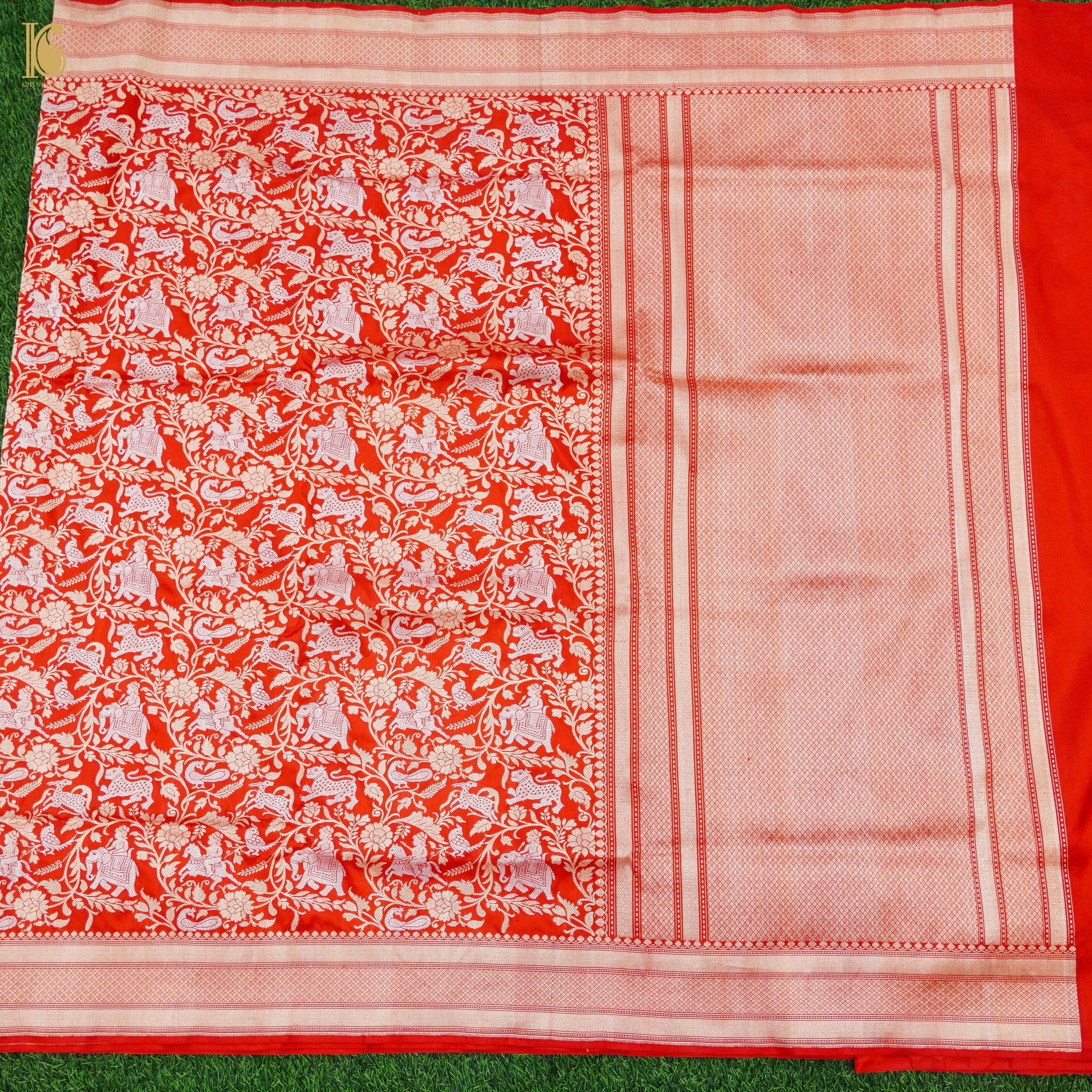 Red Handloom Katan Silk Banarasi Shikargah Kadwa Saree - Khinkhwab