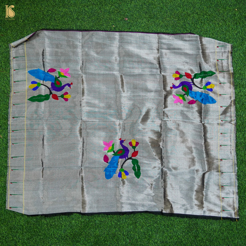 Silver Pure Silk Paithani Handwoven Meenakari Peacock Blouse Piece - Khinkhwab