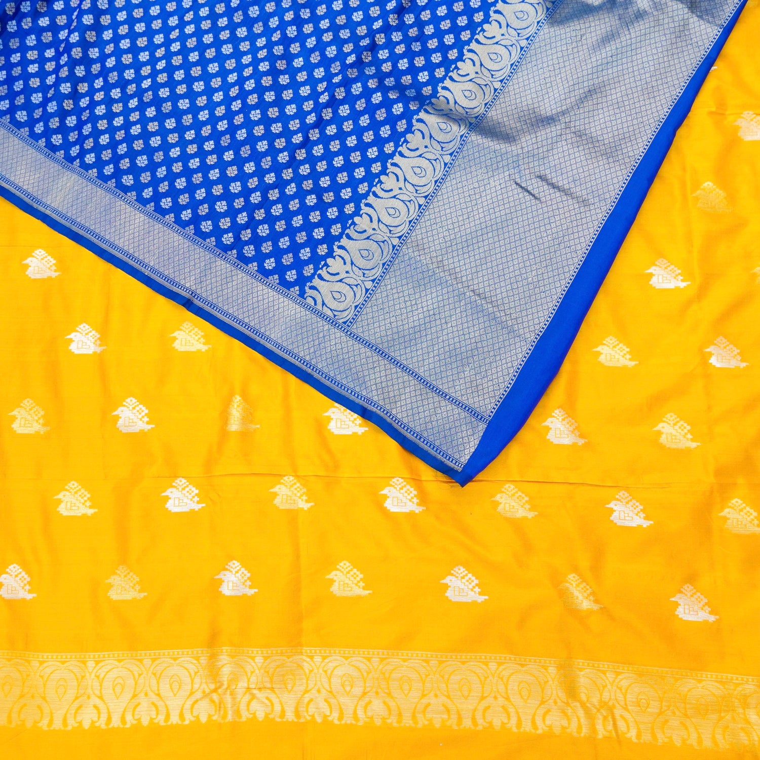 Yellow &amp; Dark Blue Handwoven Katan Silk Banarasi Suit Set - Khinkhwab
