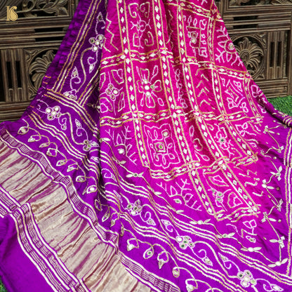 Pink &amp; Purple Gajji Silk Bandhani Gotta Patti &amp; Mirror Work Dupatta - Khinkhwab