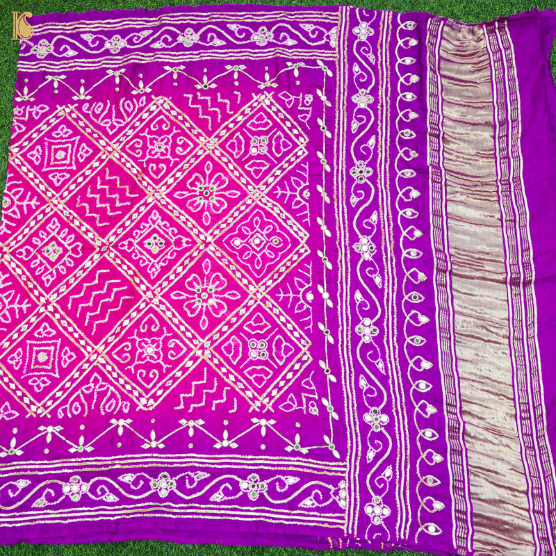 Pink & Purple Gajji Silk Bandhani Gotta Patti & Mirror Work Dupatta - Khinkhwab