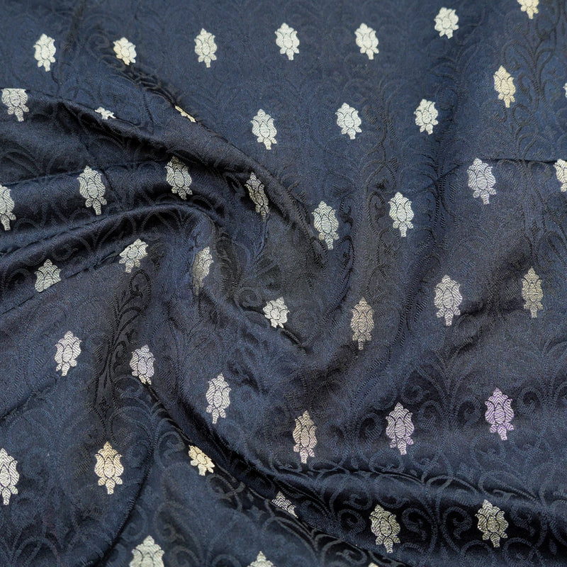 Black Pure Banarasi Silk Handwoven Tanchui Kurta Fabric - Khinkhwab
