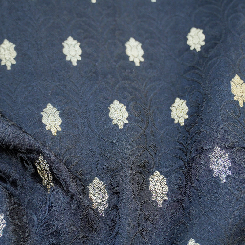 Black Pure Banarasi Silk Handwoven Tanchui Kurta Fabric - Khinkhwab