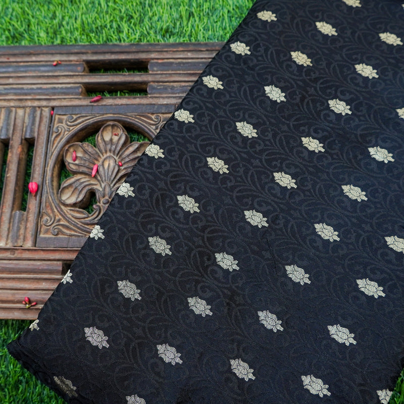 Black Pure Banarasi Silk Handwoven Tanchui Kurta Fabric - Khinkhwab