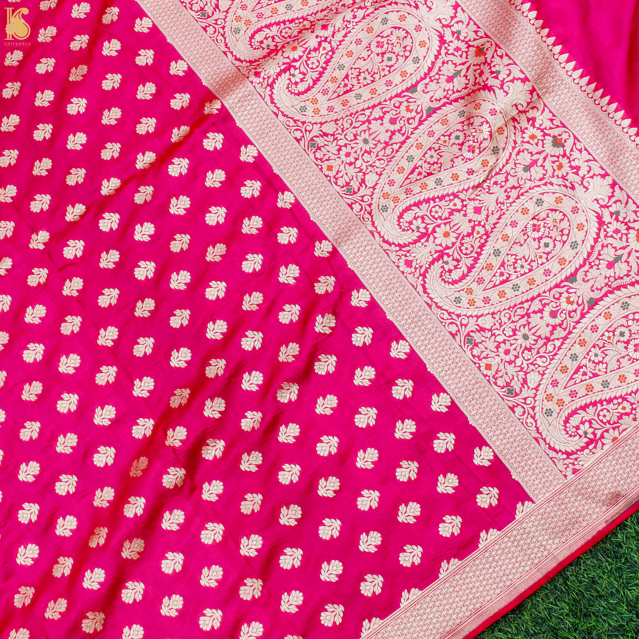 Ruby Pink Katan Silk Handloom Banarasi Kalidar Lehenga Set - Khinkhwab