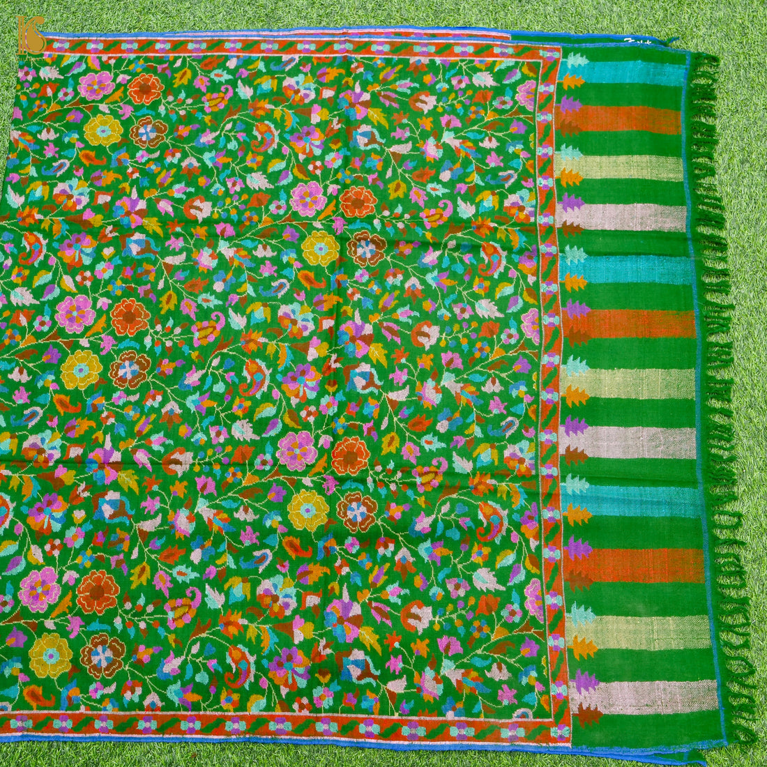 Green Pure Pashmina Handwoven Kani Embriodery Kashmiri Floral Shawl - Khinkhwab