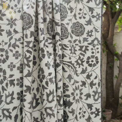 White &amp; Black Pure Pashmina Handwoven Kani Embriodery Kashmiri Floral Shawl - Khinkhwab