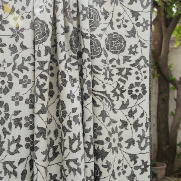 White & Black Pure Pashmina Handwoven Kani Embriodery Kashmiri Floral Shawl - Khinkhwab