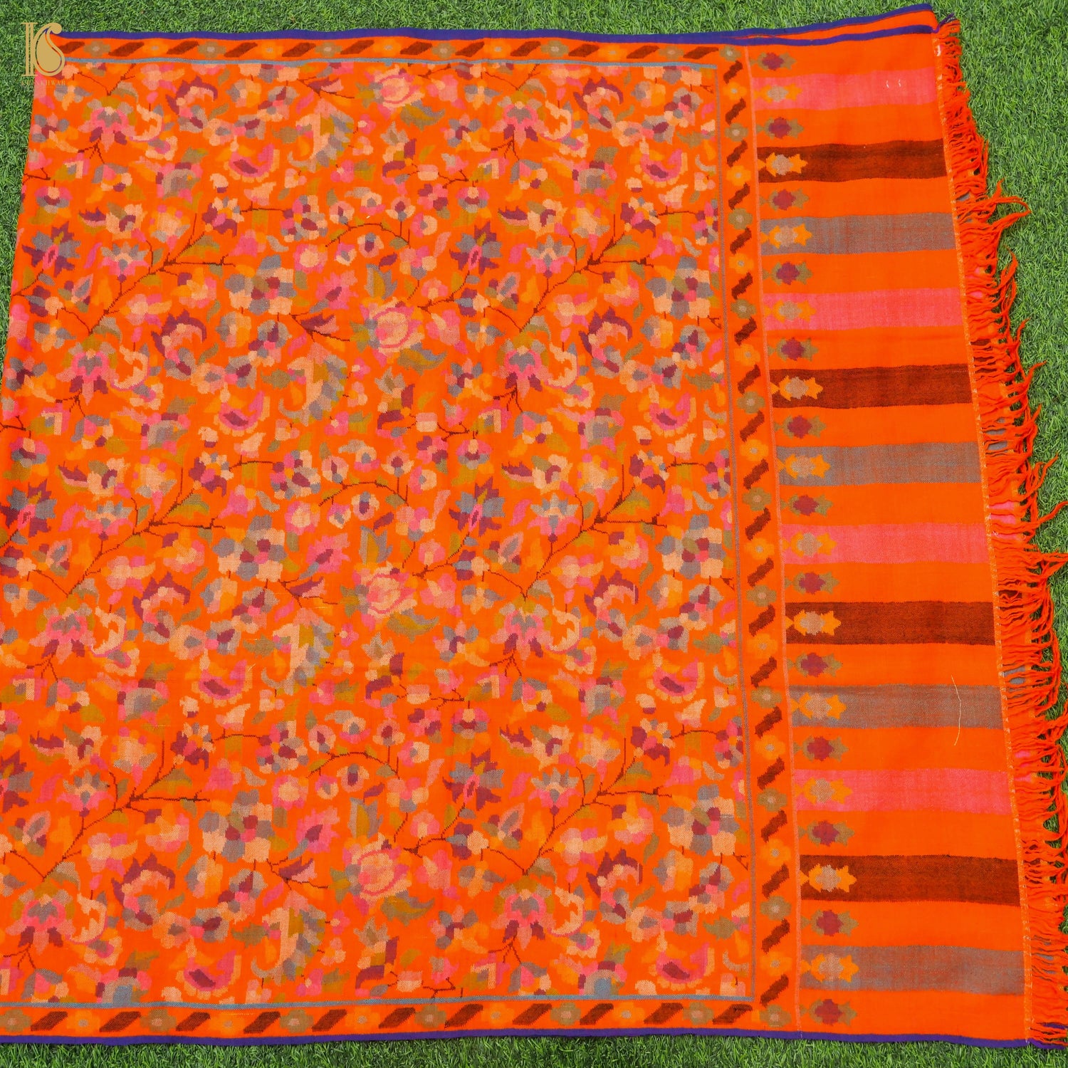 Persimmon Orange Pure Pashmina Handwoven Kani Embriodery Kashmiri Floral Shawl - Khinkhwab