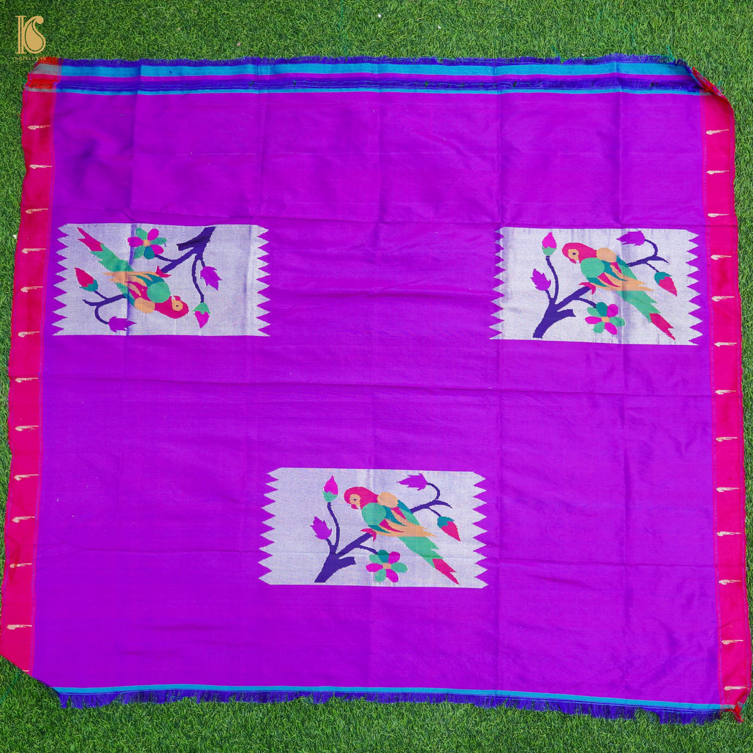 Purple Pure Silk Paithani Handwoven Meenakari Parrot Blouse Piece - Khinkhwab