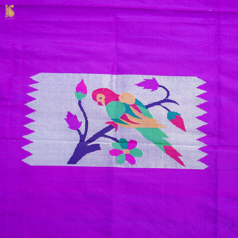 Purple Pure Silk Paithani Handwoven Meenakari Parrot Blouse Piece - Khinkhwab