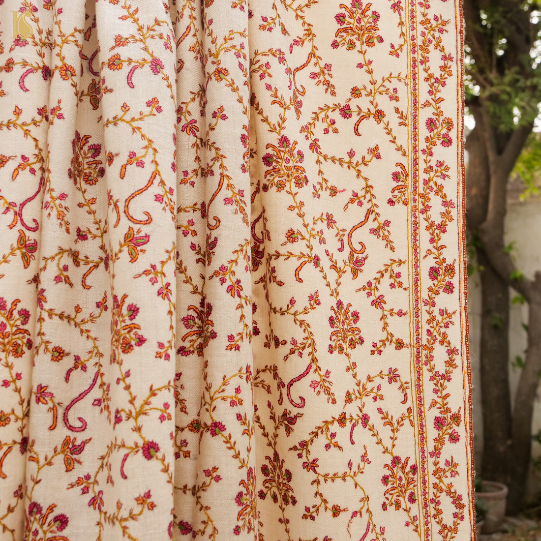 Pearl Bush Pure Pashmina Sozni Hand Embroidery Kashmiri Shawl - Khinkhwab