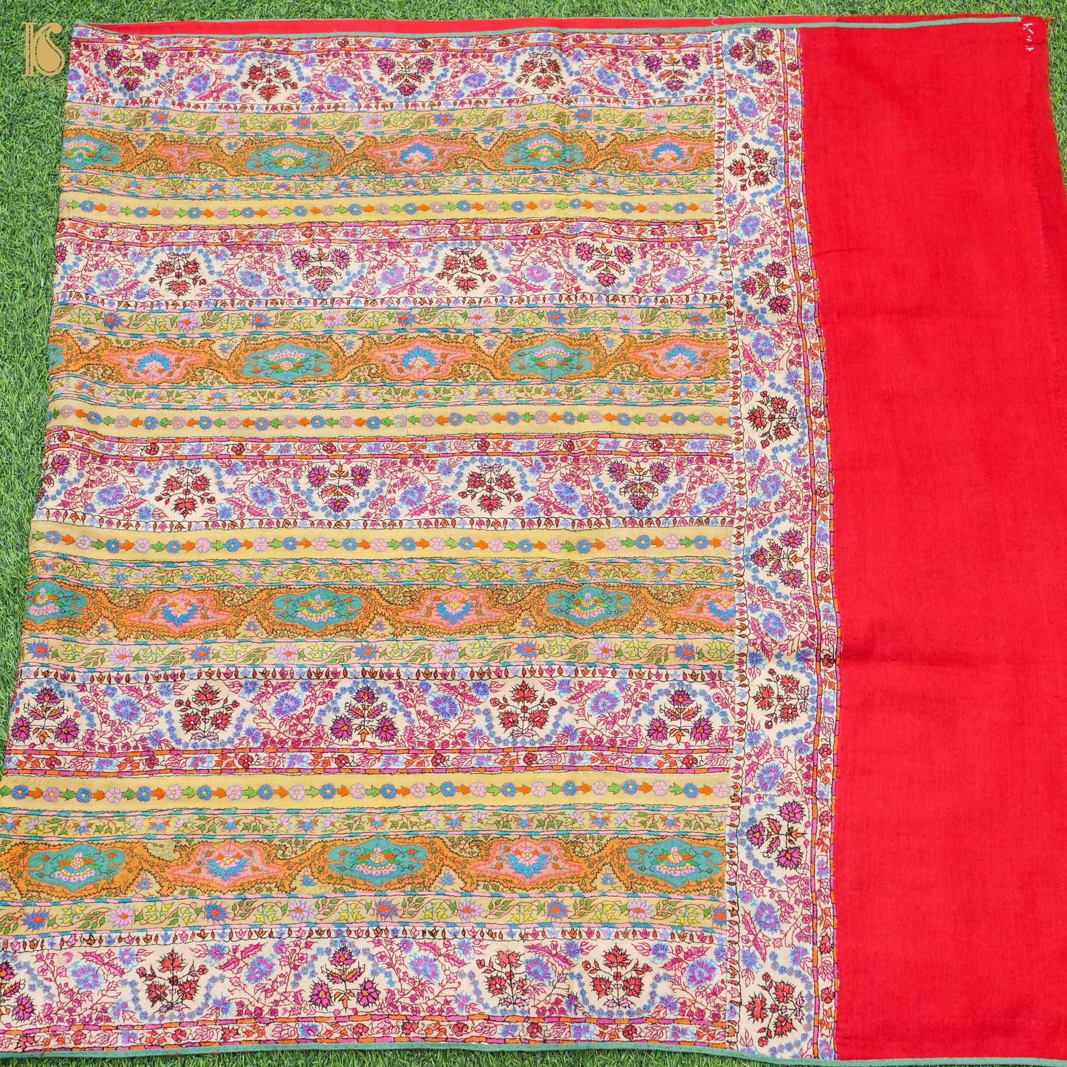 Red Pure Pashmina Handwoven Sozni Embriodery Kashmiri Shawl - Khinkhwab