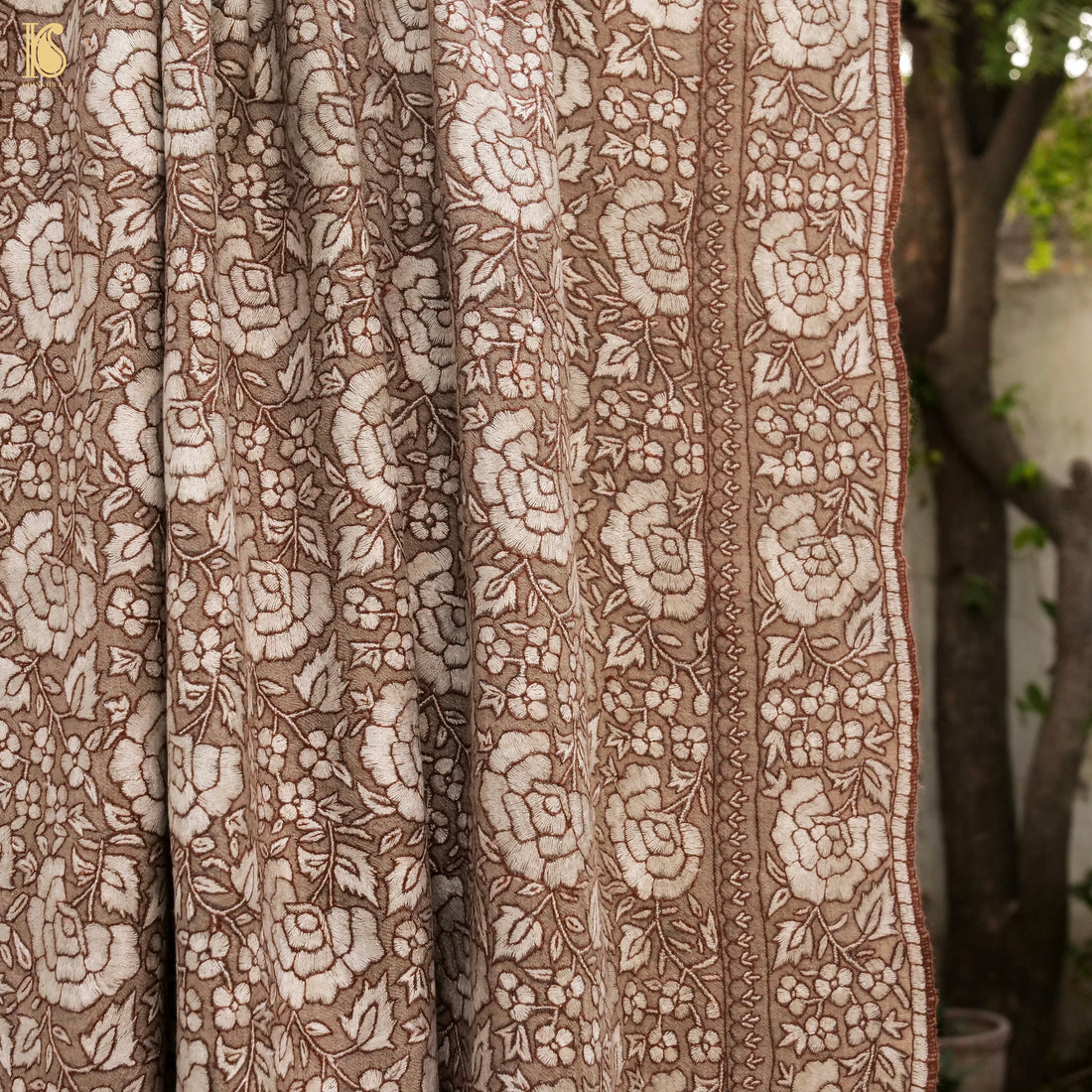 Leather Brown Pure Pashmina Peppier Mache Embriodery Kashmiri Shawl - Khinkhwab