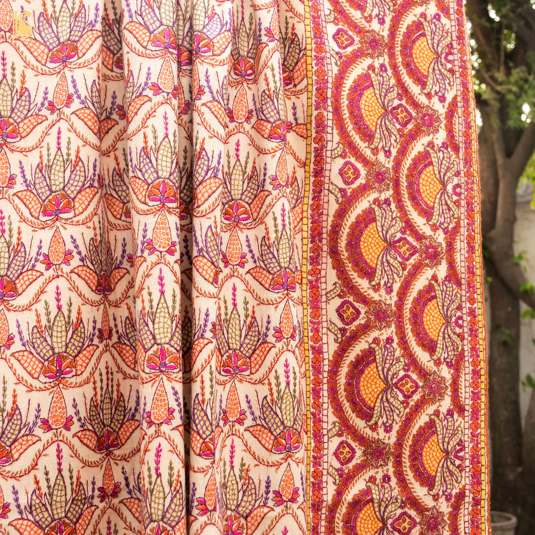 Off White Pure Pashmina Peppier Mache Embriodery Chinar Kashmiri Shawl - Khinkhwab