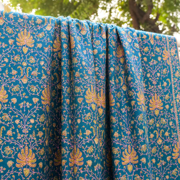 Cerulean Blue Pure Pashmina Sozni Hand Embroidery Kashmiri Jamawar Shawl - Khinkhwab
