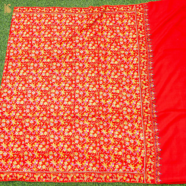 Red Pure Pashmina Sozni Hand Embroidery Kashmiri Shawl - Khinkhwab