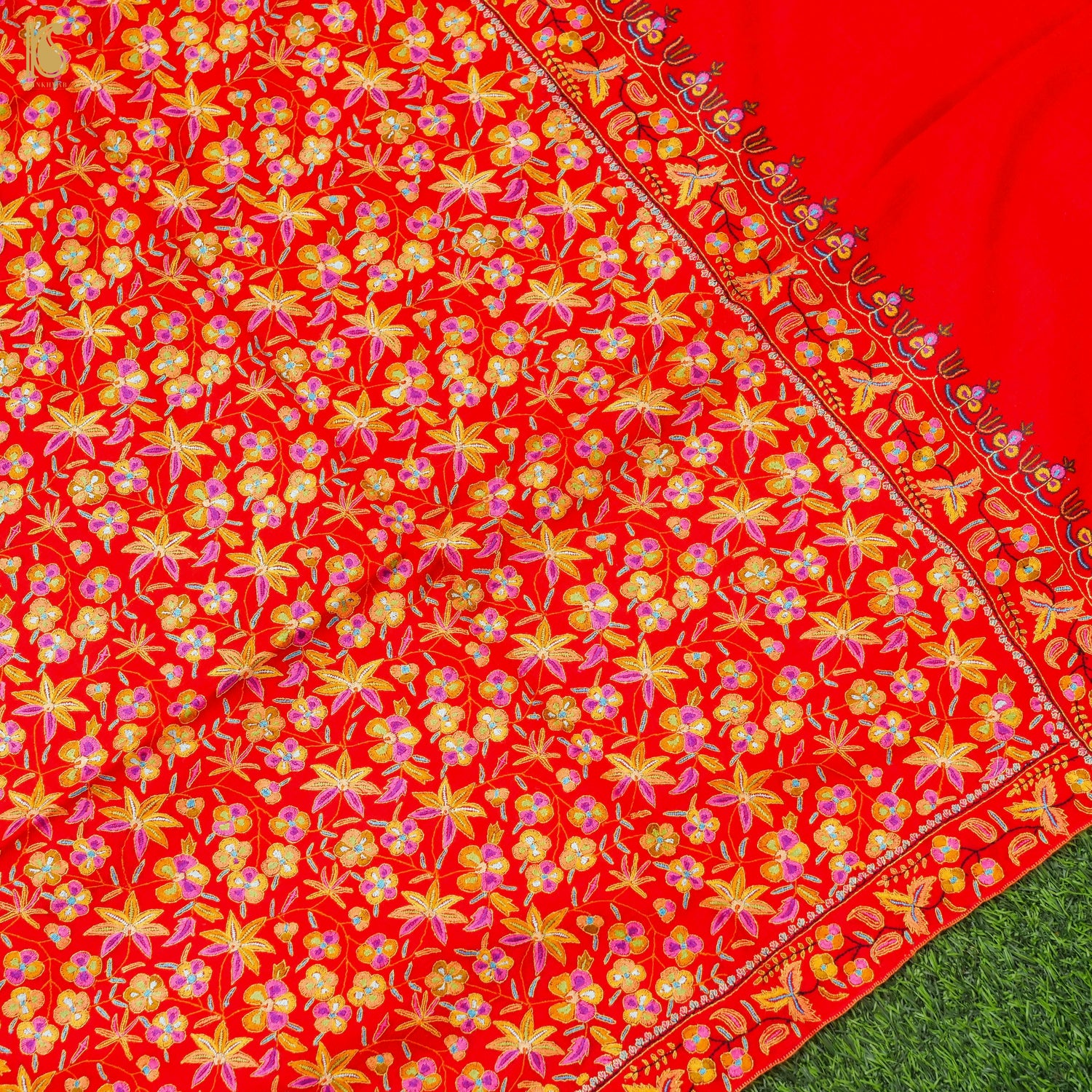 Red Pure Pashmina Sozni Hand Embroidery Kashmiri Shawl - Khinkhwab