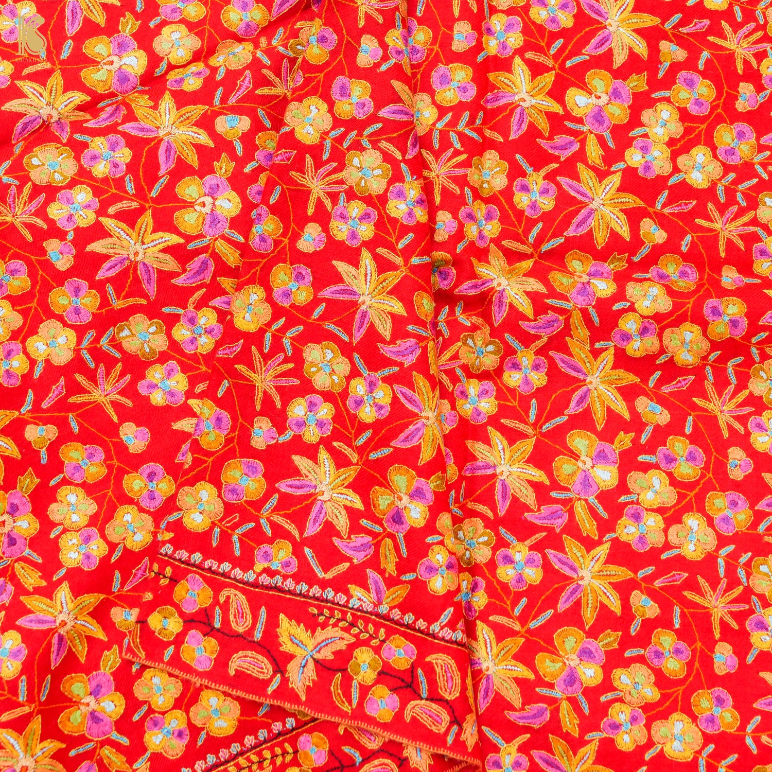 Red Pure Pashmina Sozni Hand Embroidery Kashmiri Shawl - Khinkhwab
