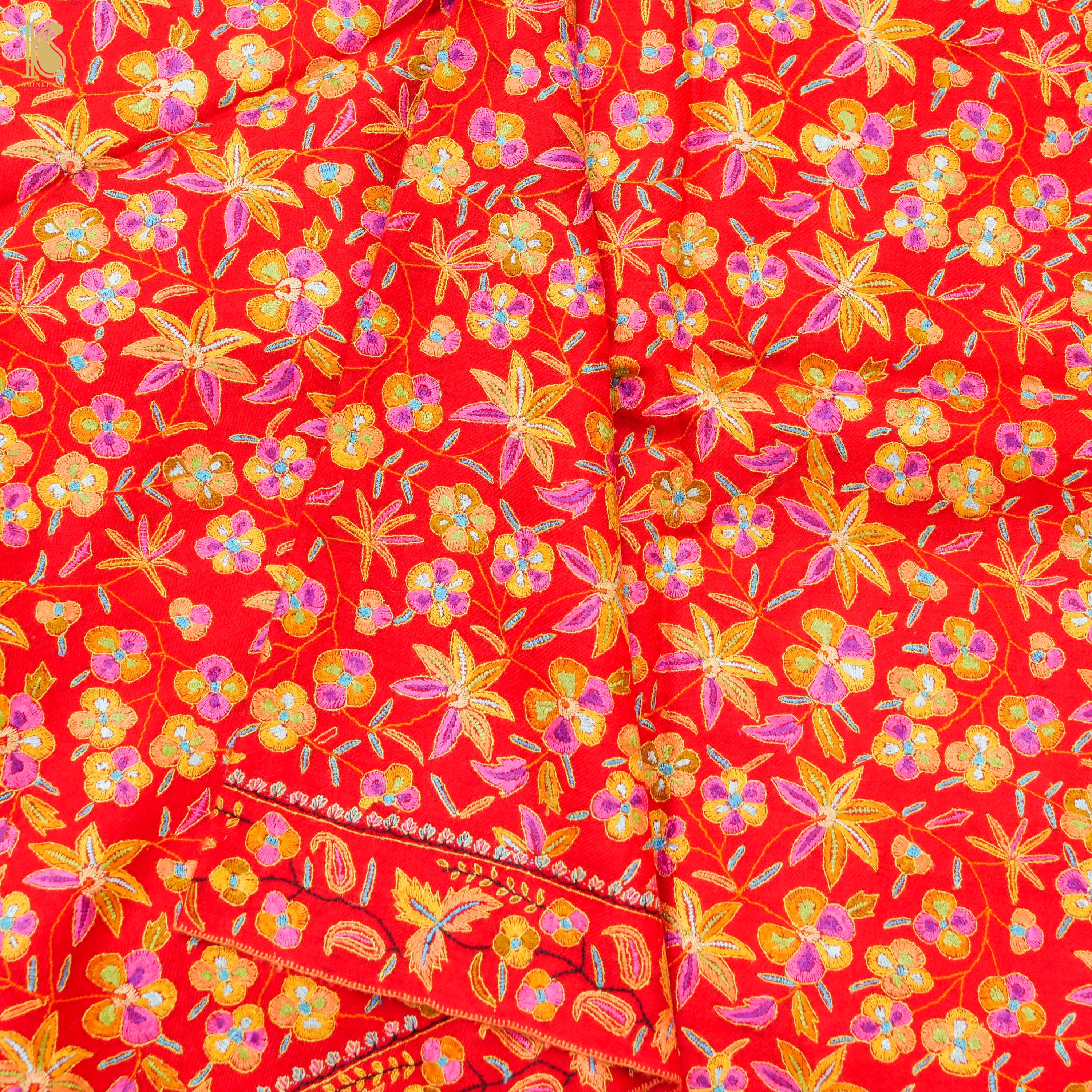Red Pure Pashmina Sozni Hand Embroidery Kashmiri Shawl - Khinkhwab