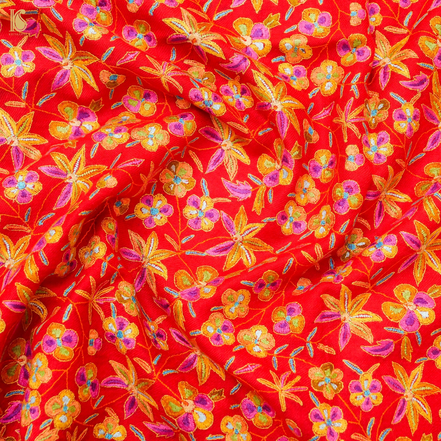 Red Pure Pashmina Sozni Hand Embroidery Kashmiri Shawl - Khinkhwab