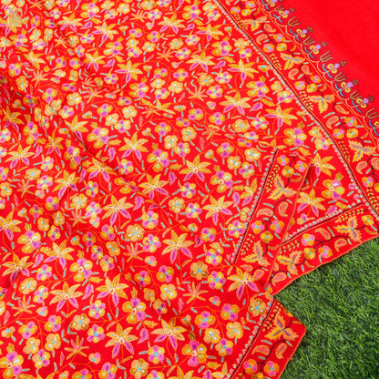 Red Pure Pashmina Sozni Hand Embroidery Kashmiri Shawl - Khinkhwab