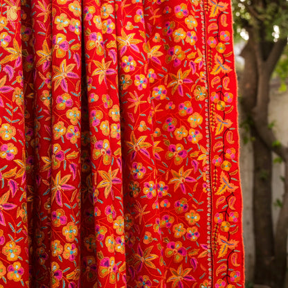 Red Pure Pashmina Sozni Hand Embroidery Kashmiri Shawl - Khinkhwab
