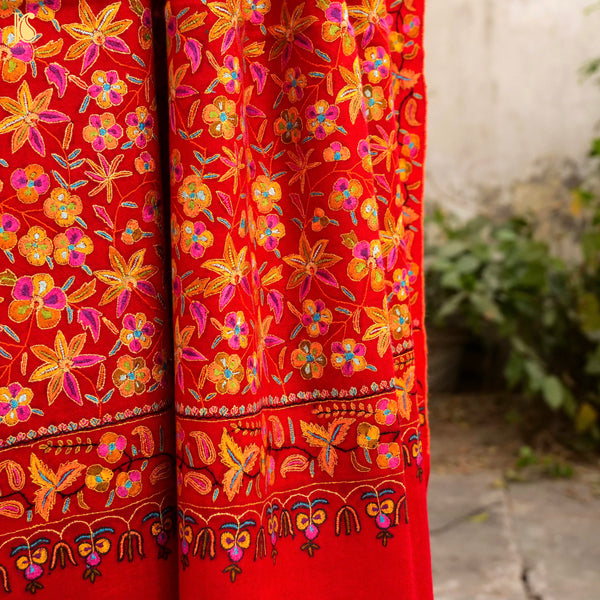 Red Pure Pashmina Sozni Hand Embroidery Kashmiri Shawl - Khinkhwab
