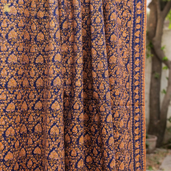 Blue Pure Pashmina Sozni Hand Embroidery Kashmiri Jamawar Shawl - Khinkhwab
