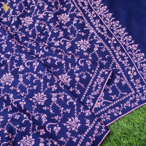 Deep Koamaru Blue Pure Pashmina Sozni Hand Embroidery Kashmiri Jamawar Shawl - Khinkhwab