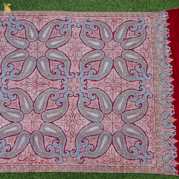 Red Pure Pashmina Sozni Hand Embroidery Kashmiri Paisley Shawl - Khinkhwab