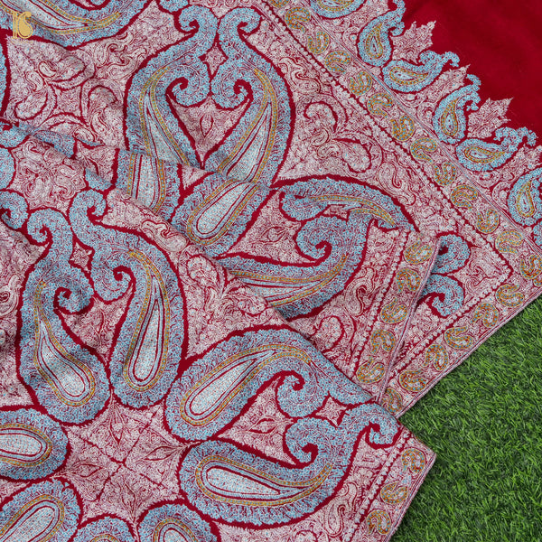 Red Pure Pashmina Sozni Hand Embroidery Kashmiri Paisley Shawl - Khinkhwab
