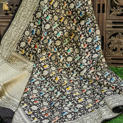 Black Pure Katan Silk Handwoven Banarasi Shikargah Dupatta - Khinkhwab