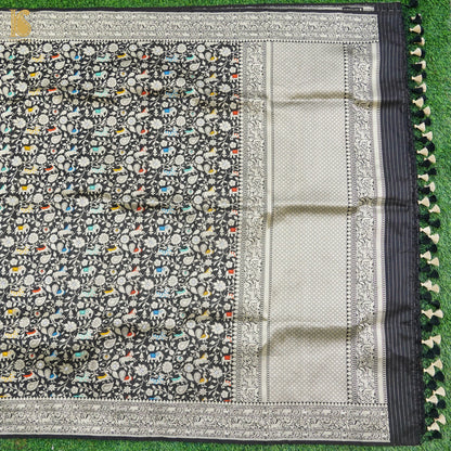 Black Pure Katan Silk Handwoven Banarasi Shikargah Dupatta - Khinkhwab