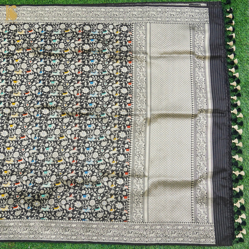 Preorder: Black Pure Katan Silk Handwoven Banarasi Shikargah Saree - Khinkhwab