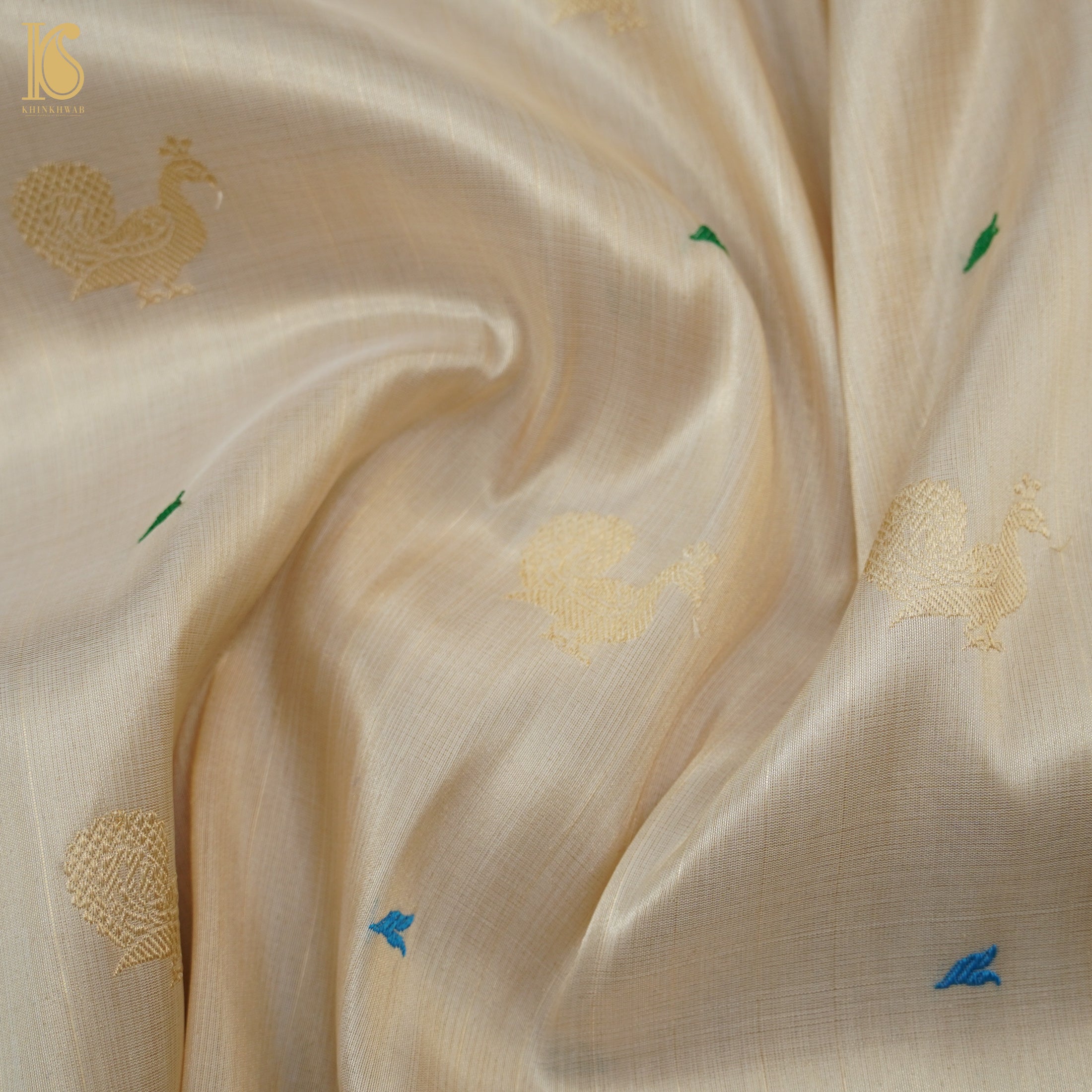 Gold Handloom Pure Tissue White Banarasi Bird Saree - Khinkhwab