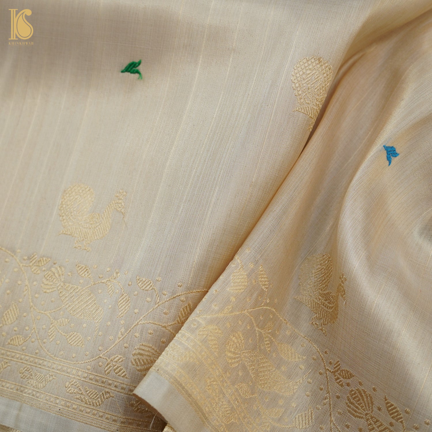 Gold Handloom Pure Tissue White Banarasi Bird Saree - Khinkhwab