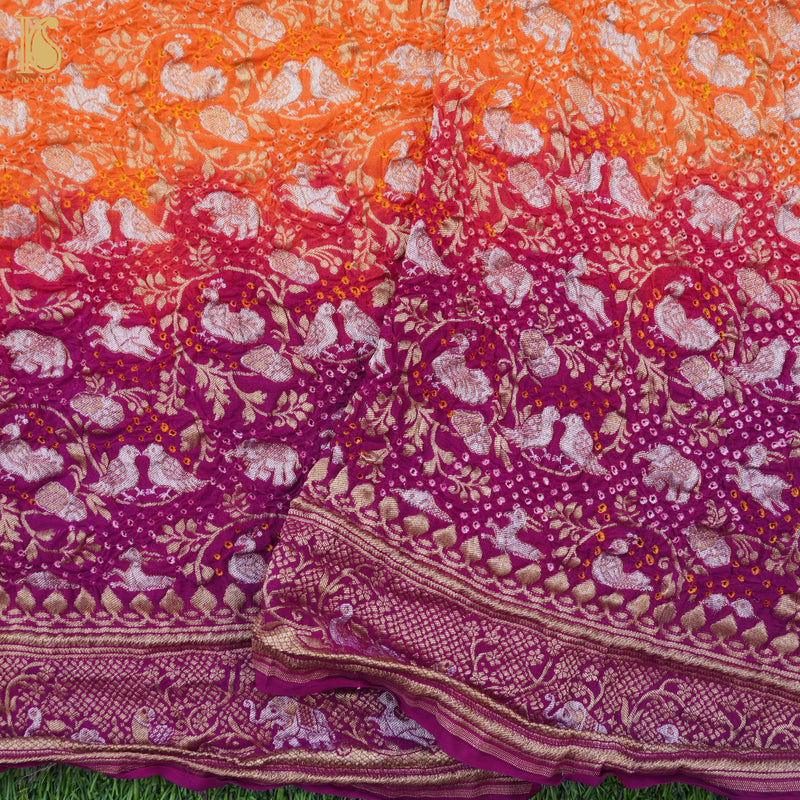Purple & Orange Georgette Handloom Bandhani Banarasi Birds Dupatta - Khinkhwab