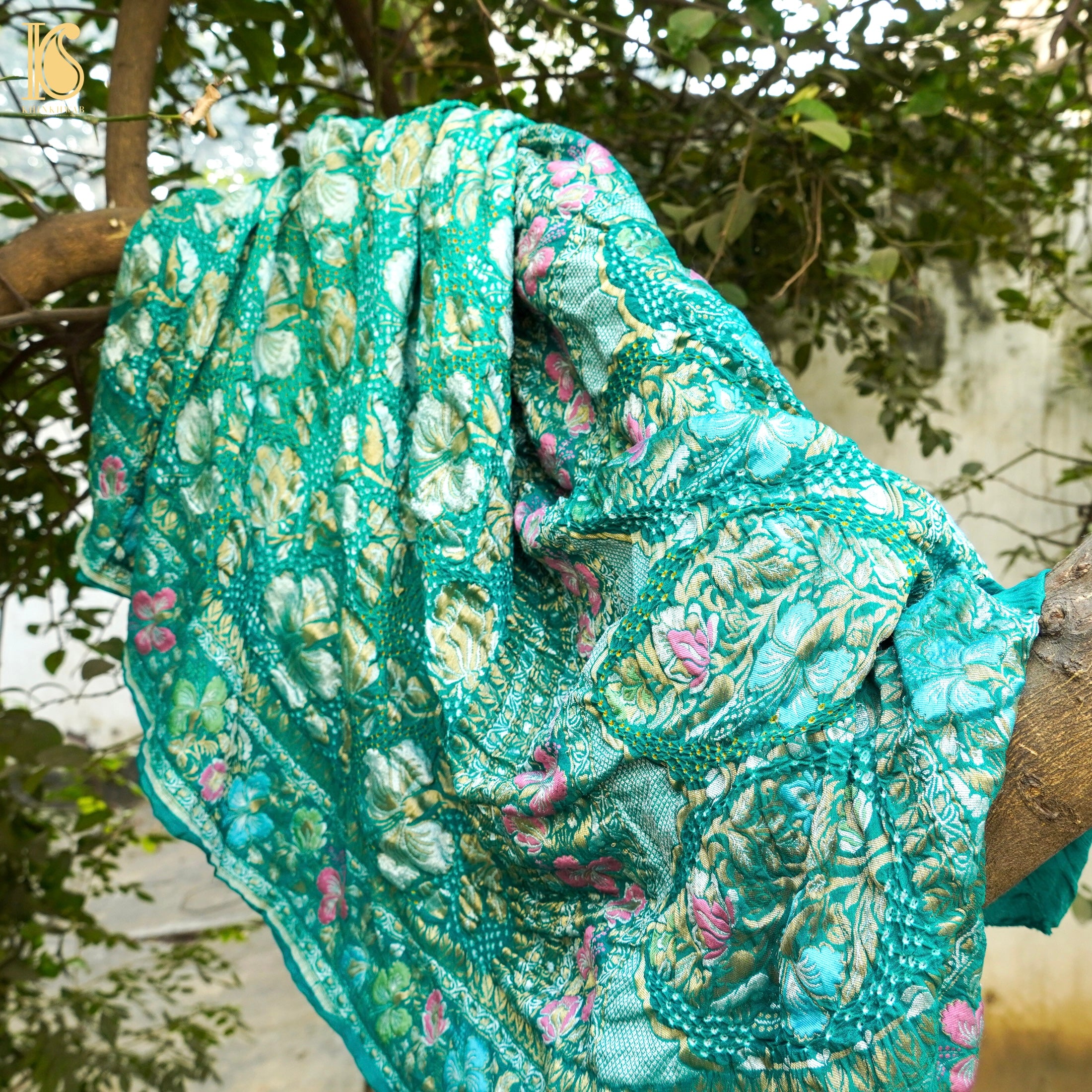 Green Georgette Handloom Bandhani Banarasi Dahlia Dupatta - Khinkhwab