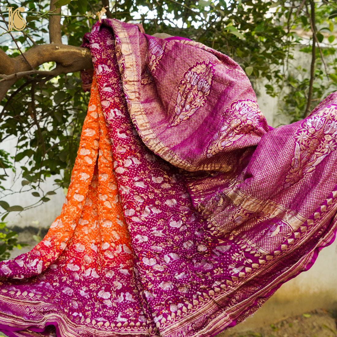 Purple &amp; Orange Georgette Handloom Bandhani Banarasi Birds Dupatta - Khinkhwab
